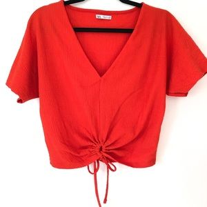 Zara Bright Orange Short Sleeve Tie Front Blouse